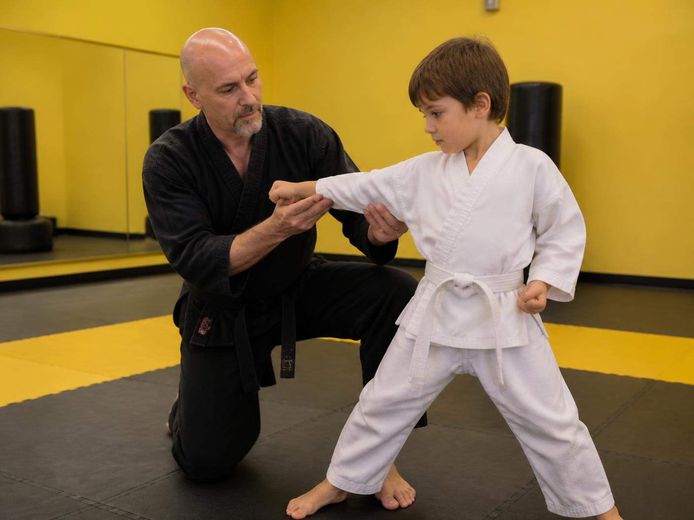 Instructor working one-on-one with a student on the mat at Pride Martial Arts