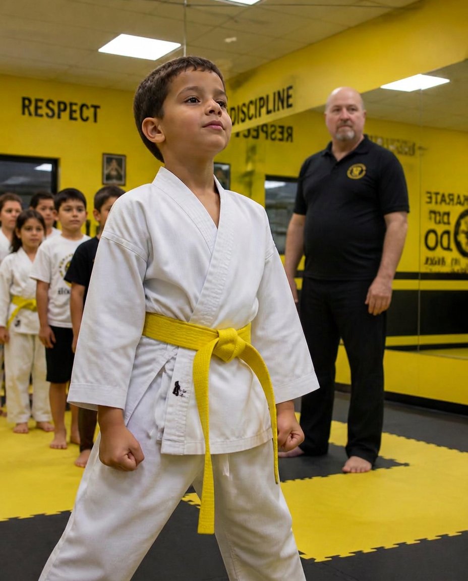 Young Pride Martial Arts student standing at attention on the mat in New Lenox