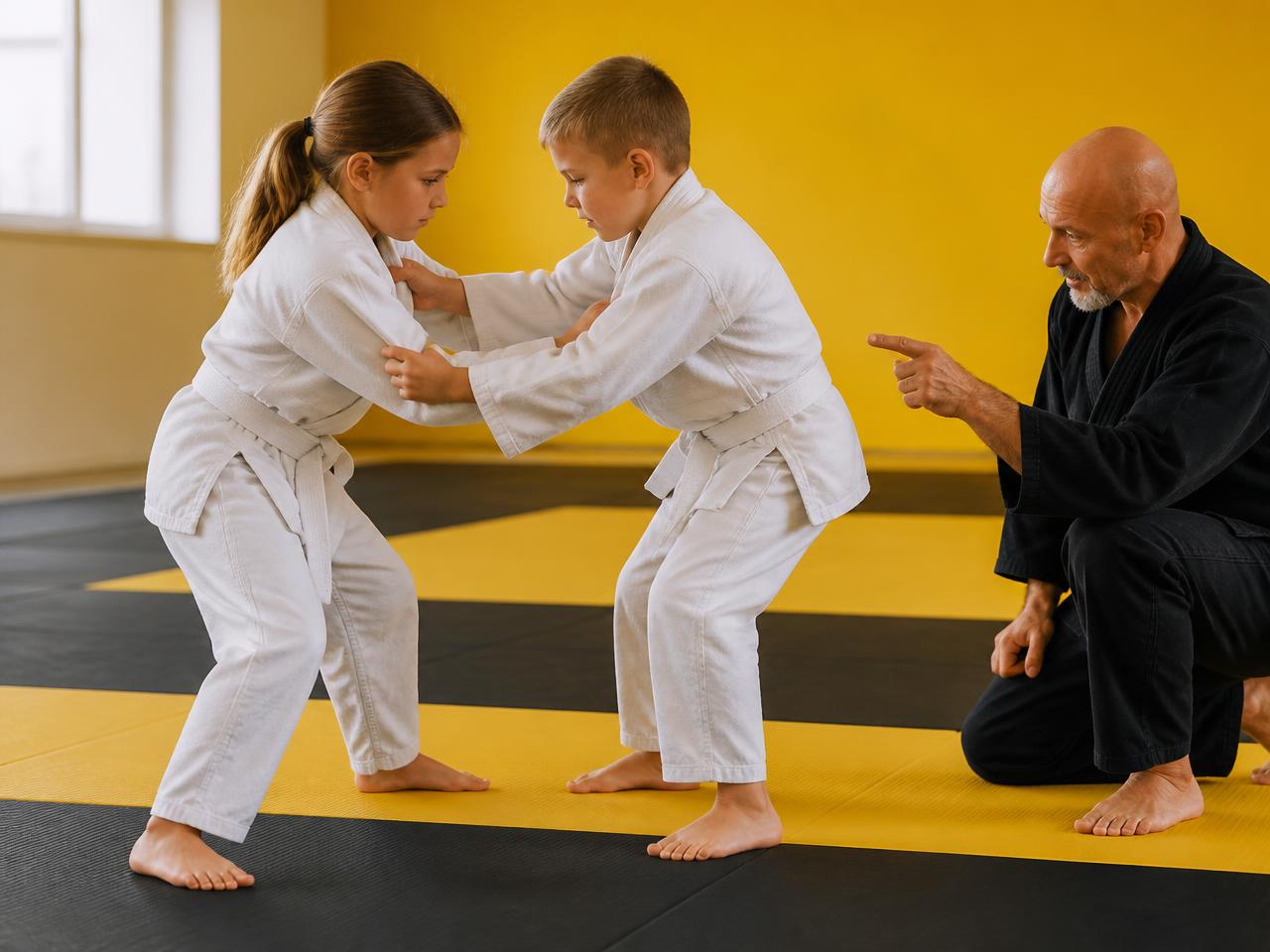 Two young judo students in white gi practicing grip fighting while their coach guides them