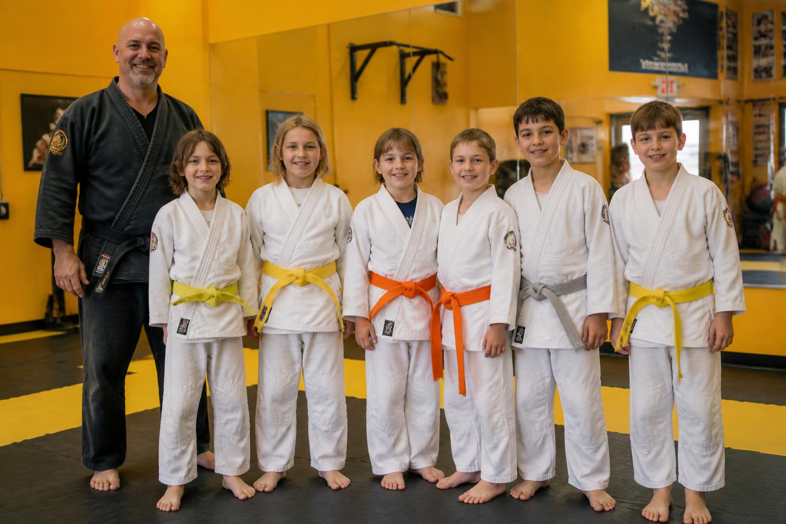 Kids in white judo uniforms with their instructor at Pride Martial Arts